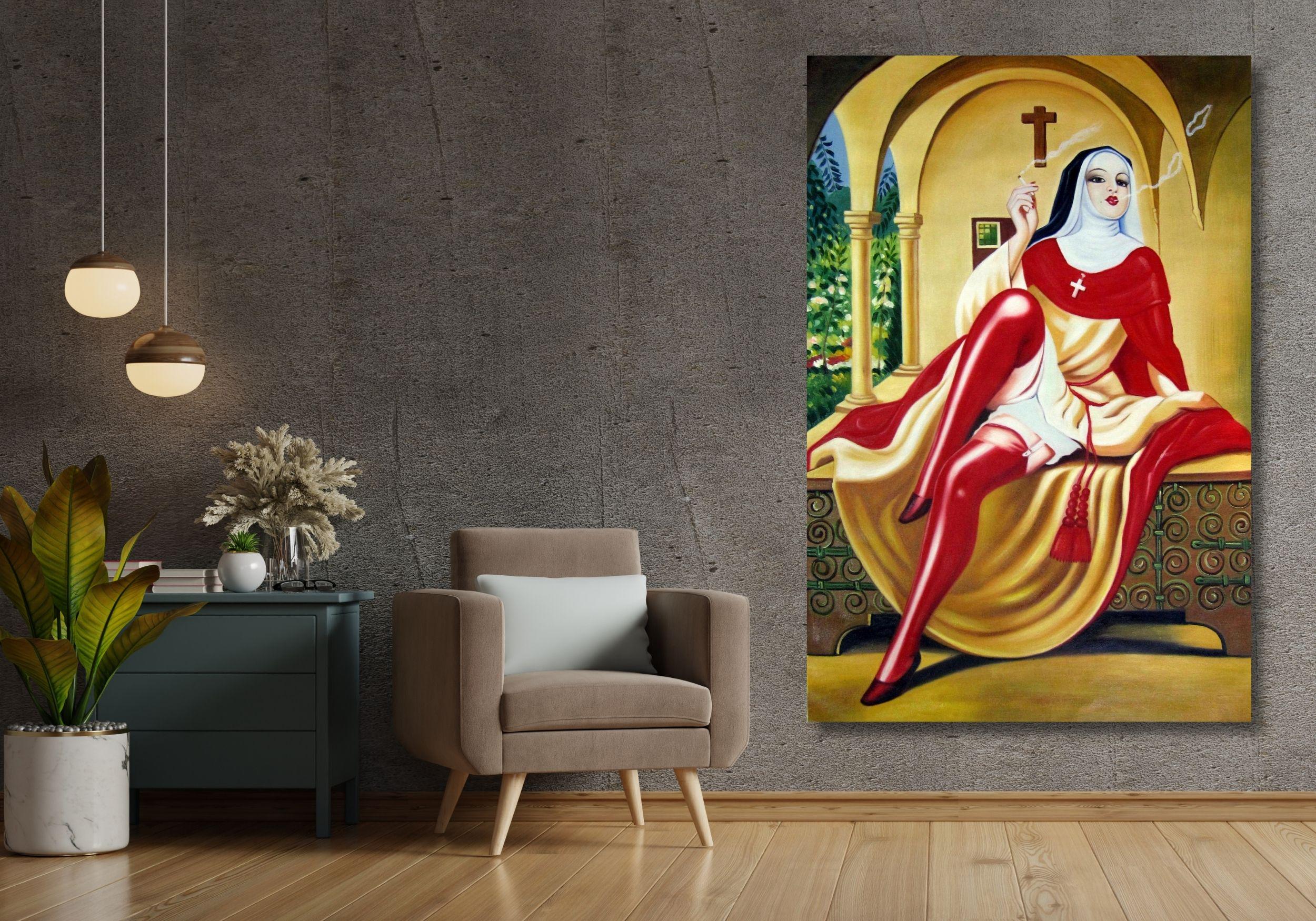 Italian Nun Smoking a Cigarette by Clovis Trouille Quality Print