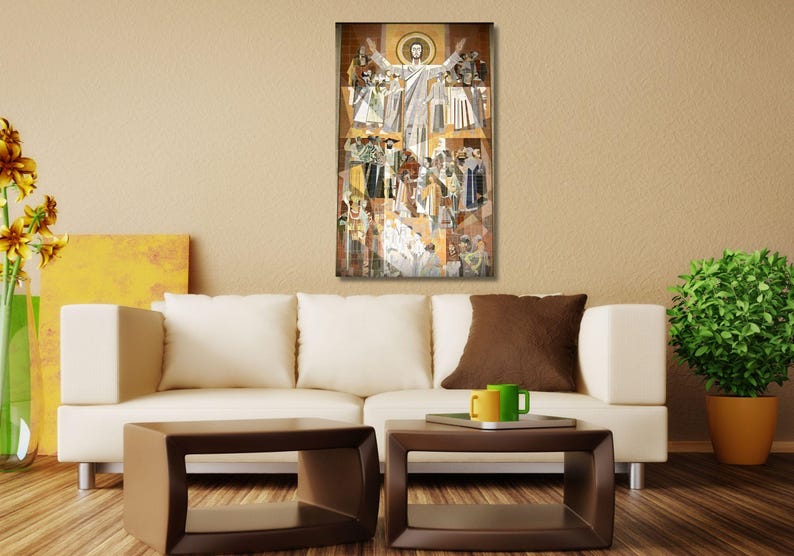 May include: A framed mosaic artwork depicting a religious scene with a central figure in white robes with arms raised, surrounded by other figures in various colors and poses.