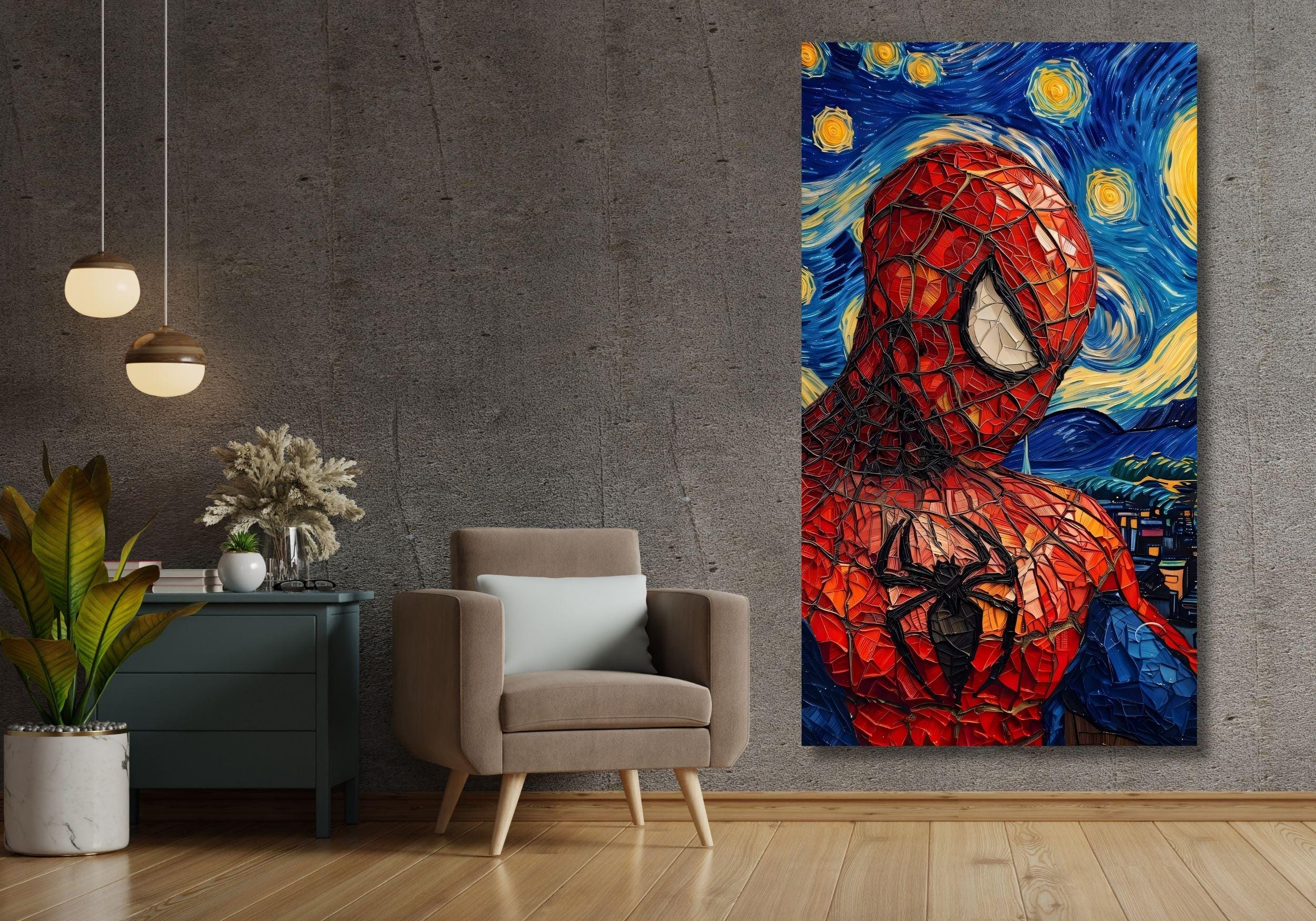 スパイダーマン ゴッホ 星月夜 すぐに飾れるキャンバス ウォールアート