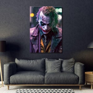 May include: A rectangular wall art print featuring a portrait of the Joker with white face paint, smeared red lipstick, and messy green hair. The character wears a purple coat, a dark shirt, a tie, and a yellow vest against a blurred city background.