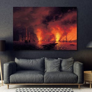 Ivan Konstantinovich Aivazovsky Battaglia di Sinope (1853) Tela Galleria d'arte murale Stampa artistica giclée su tela incorniciata o avvolta Poster vintage Guerra