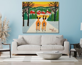 Two Deer Sunset By Maud Lewis Quality Fie Art Print Ready to Hang Canvas Wall Art , Maud Lewis Poster , Maud Lewis Painting Vintage Wall Art