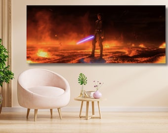 May include: A rectangular wall art print depicting a figure standing on a circular platform amidst a landscape of flowing orange and red lava. The figure holds a glowing blue lightsaber, casting a bright light against the dark, fiery background.