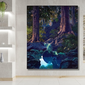 May include: A rectangular wall art print featuring a forest landscape with large tree trunks, dark rocky terrain, and a small glowing stream reflecting light. The scene is rendered in deep shades of green, blue, and brown, creating a high-contrast view.