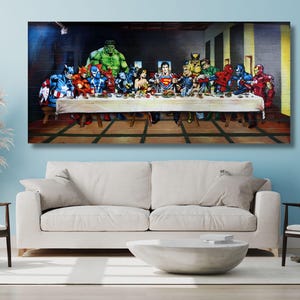 Banksy Last Supper Super Heroes Framed Canvas Print,Super Hero Canvas Wall Art Movie Poster Game Room Decor Avengers Prints Kids Room Decor