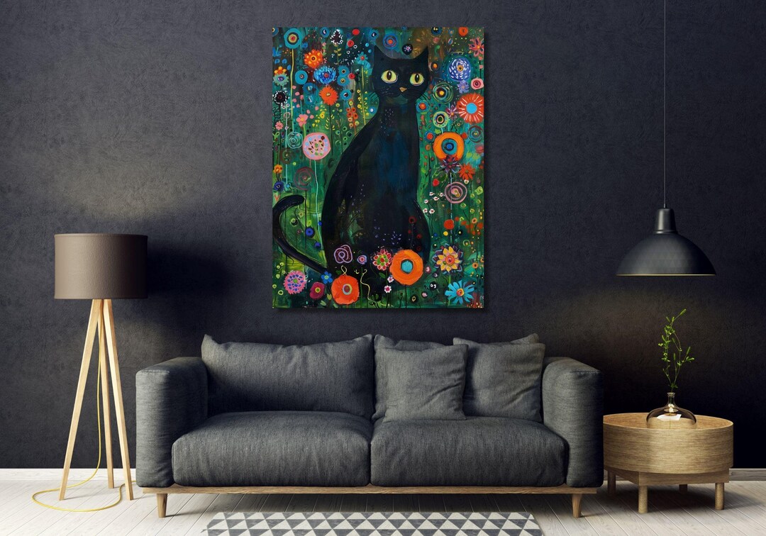 Black Cat in A Garden Framed Wall Art Print, Gustav Klimt Canvas Wall ...