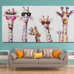 Giraffe Family Canvas Wall Art,  Giraffe Wall Art, Colourful Animal Canvas, Animal Print, Animal Canvas, Vibrant Canvas, Giraffe Poster