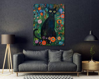 Black Cat In A Garden Framed Wall Art Print, Gustav Klimt Canvas Wall Art, Gustav Klimt Poster, Large Canvas Wall Art, Gift For Cat Lovers