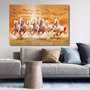 7 Running White Horses Canvas Wall Art, 7 Running Horses Wall Art, Poster, Art Print -Animal Home Decor- Extra Large Wall Art,Ready to Hang