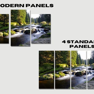 May include: A multi-panel canvas print featuring a scenic landscape of a river flowing through a forest. The image is divided into three or four panels, depending on the style, creating a modern and artistic look.