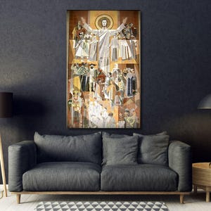 May include: A large, colorful mosaic artwork depicting a religious scene. A central figure, likely Jesus, stands with arms outstretched, surrounded by other figures. The artwork is framed and displayed on a wall in a room with a couch and lamps.