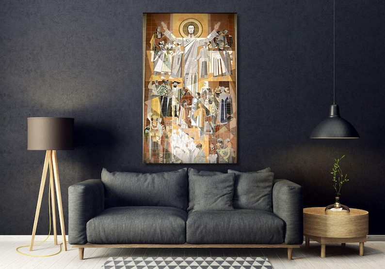 May include: A large, colorful mosaic artwork depicting a religious scene. A central figure, likely Jesus, stands with arms outstretched, surrounded by other figures. The artwork is framed and displayed on a wall in a room with a couch and lamps.