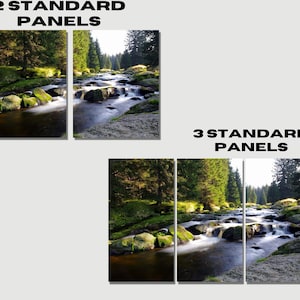 May include: A three-panel canvas print featuring a scenic landscape of a river flowing through a forest. The river is surrounded by lush green trees and rocks. The water is flowing quickly and there is a lot of whitewater. The print is divided into three panels, each showing a different part of the scene.