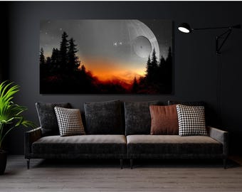 May include: A rectangular wall art print featuring a dark forest silhouette against a sunset sky with a large spherical space station and two small spacecraft visible in the upper portion. The scene transitions from deep orange to black.