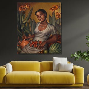 May include: A painting of a woman in a white dress sitting amongst lush green plants and fruit. She is holding a brown pitcher and there is a watermelon in the background.