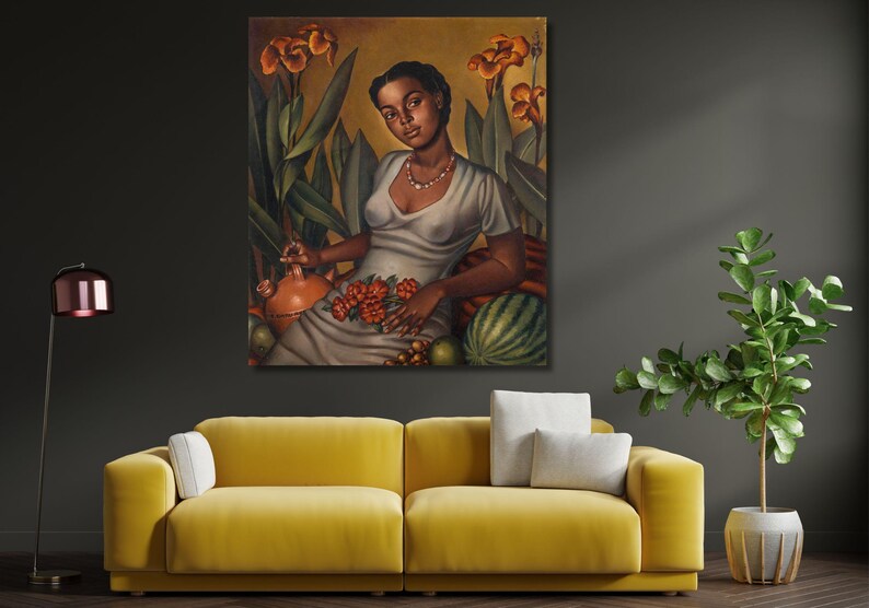 May include: A painting of a woman in a white dress sitting amongst lush green plants and fruit. She is holding a brown pitcher and there is a watermelon in the background.