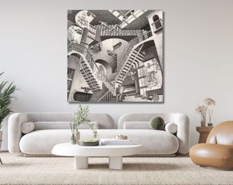 Relativity by Maurits Cornelis Escher Canvas Wall Art ,Reproduction Print,Abstract Wall Art Print,Expressionism Art Print,Modern Art Print