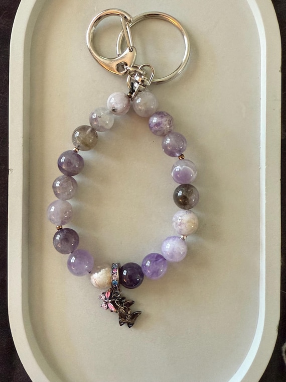 Chevron Amethyst Gemstone Crystal Key Chain.