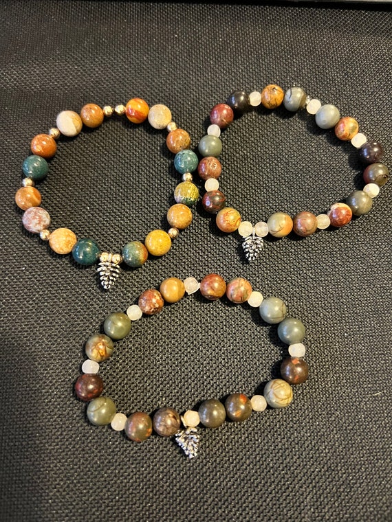 Genuine Jasper Gemstone Strecth Bracelet with acorn charm