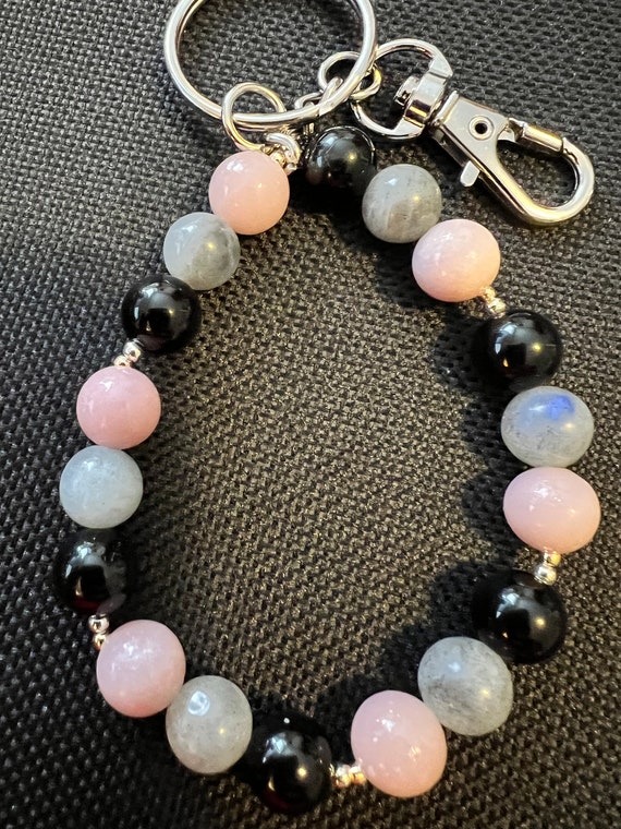 Genuine Rose Quartz, Moonstone & Obsidian keychain/bag charm/bracelet/wristlet