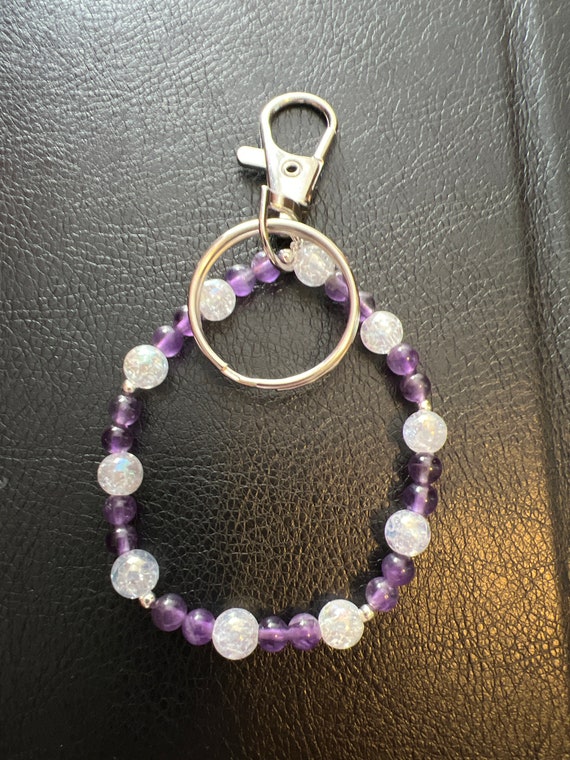 Amethyst and Rainbow Clear Quartz Keychain, Bag Charm, Wristlet