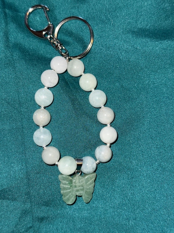 Genuine Gemstone Bag Charm/Key Chain Bracelet with Gemstone Butterfly Charm