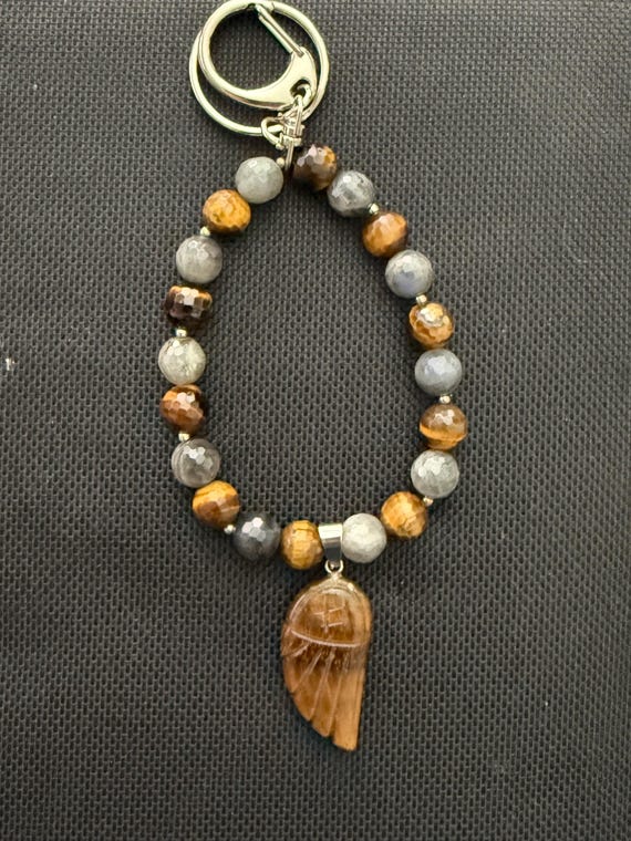 Tigers Eye and Labradorite with Tigers Eye Feather Keychain/Wristlet