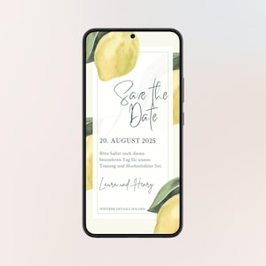 Save the Date | Digital | Hochzeit | Zitronen | gelb | grün | Blumen | Einladung | Vorlage | Personalisiert | Whatsapp | pastell | Aquarell