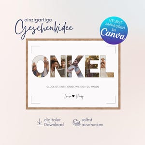 Puede incluir: Un póster imprimible con la palabra "ONKEL" escrita en letras grandes. Cada letra está compuesta por un collage de fotos de personas. El texto "GLÜCK IST, EINEN ONKEL WIE DICH ZU HABEN" está debajo de la palabra "ONKEL". El texto "Laura Henry" está debajo del texto "GLÜCK IST, EINEN ONKEL WIE DICH ZU HABEN".