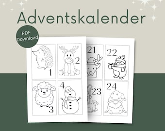 May include: A printable Advent calendar with numbered boxes featuring line drawings of a hedgehog, reindeer, sheep, snowman, penguin, and gnome. The text "Adventskalender" is at the top, with "PDF Download" in a circle.