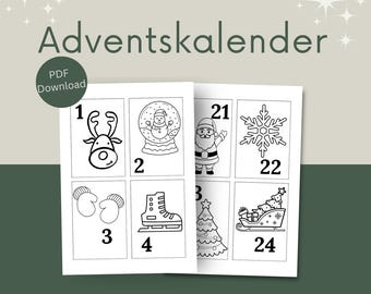 May include: A black and white Advent calendar with festive illustrations. The images include a reindeer, snowman in a snow globe, Santa Claus, a snowflake, mittens, an ice skate, a Christmas tree, and a sleigh. The text reads 'Adventskalender'.