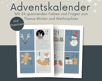 May include: A PDF Advent calendar with 24 facts and questions about winter and Christmas. The calendar features illustrations of a reindeer, a snow globe, a gingerbread man, a fox, mittens, a snowman, a train, and wrapped gifts.