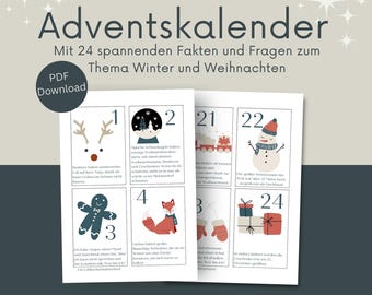 May include: A printable Advent calendar with 24 facts and questions about winter and Christmas. The calendar features illustrations of a reindeer, snowman, gingerbread man, fox, train, mittens, and wrapped gifts. The text "PDF Download" is also visible.