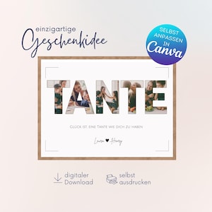 以下が含まれることがあります： 「TANTE」という単語が大きく書かれた、パーソナライズされた写真のコラージュの印刷可能なデジタルダウンロードです。文字は子供たちの写真でいっぱいです。「GLÜCK IST, EINE TANTE WIE DICH ZU HABEN」というテキストはコラージュの下にあります。「Laura Henry」というテキストはテキストの下にあります。「digitaler Download」と「selbst ausdrucken」というテキストはコラージュの下にあります。