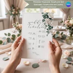 Könnte beinhalten: Eine Hochzeitszeitplanvorlage mit floralem Design und Veranstaltungsplan, gehalten von Händen. Der Text enthält "wedding timeline" und Veranstaltungszeiten wie "Welcome Toast" und "Cake Cutting". Die Vorlage ist für Canva.