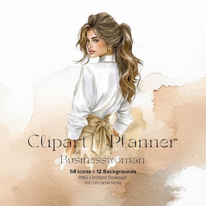 Puede incluir: Ilustración en acuarela de una mujer de negocios con blusa blanca y falda color beige, con cabello largo castaño. La imagen incluye el texto "Clipart - Planner Businesswoman" y detalles sobre el producto.