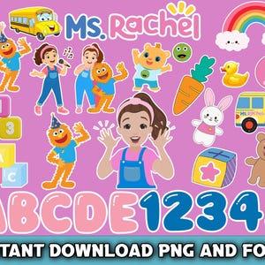 May include: A collection of colourful cartoon graphics featuring the Ms. Rachel brand. Includes characters, a school bus, rainbow, alphabet blocks, numbers, and the text "Ms. Rachel". The image is set against a pink background.
