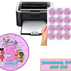 May include: Printable 5th birthday party favor stickers featuring a rainbow, a girl with a pink dress, and a girl with a pink tutu. The stickers say "Isabella Corner" and have a pink glitter number 5.