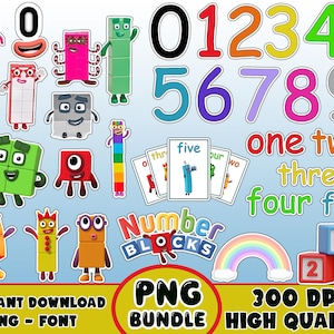 May include: A collection of colorful Numberblocks characters, numbers, and related graphics. Includes the numbers 0-9, the words "one" through "five", a rainbow, and blocks with numbers 1, 2, and 3. The image also contains the text "Number Blocks", "PNG Bundle", and "300 DPI High Quality".