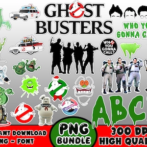 May include: A selection of Ghostbusters-themed PNG images, featuring the Ghostbusters logo, characters, and the Ecto-1 car. The phrase "WHO YOU GONNA CALL?" is visible, alongside the letters A, B, C, and D in green.