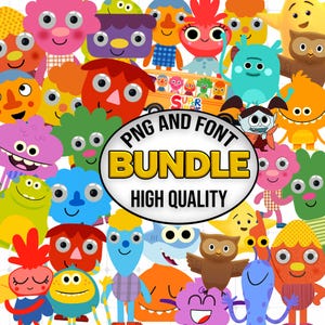 May include: A digital graphic collection featuring a variety of colorful cartoon monsters and characters surrounding a central white oval badge with the black text PNG AND FONT BUNDLE and the yellow text BUNDLE HIGH QUALITY.