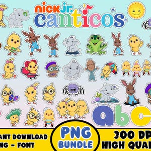 Puede incluir: Una colección de pegatinas de personajes de dibujos animados coloridos, incluyendo pollitos, conejos, elefantes y una rana. La imagen presenta el texto "Nick Jr. Canticos" y "PNG Bundle" con "Instant Download" y "300 DPI High Quality".