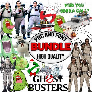Puede incluir: Un paquete de gráficos digitales con personajes de Ghostbusters, incluyendo miembros del equipo con monos beige, el vehículo Ecto-1, Slimer, el hombre de malvavisco Stay Puft y varios fantasmas. El texto dice PNG AND FONT BUNDLE HIGH QUALITY GHOSTBUSTERS.