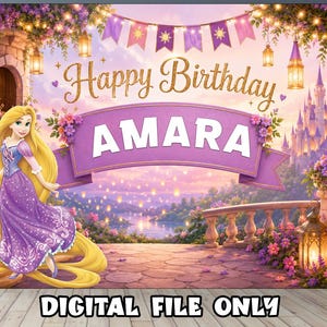 May include: A digital birthday backdrop featuring a cartoon character with long blonde hair in a purple dress, a purple banner with the name AMARA, the text Happy Birthday, a stone balcony, hanging lanterns, and a castle in the background.