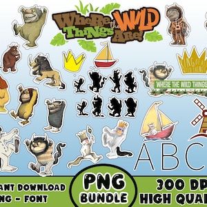 Może przedstawiać: Zestaw obrazów PNG i czcionek z postaciami i elementami z "Where the Wild Things Are". Zawiera ilustracje Maksa, dzikich stworów, koron, żaglówek i tekst tytułu. Obrazy są oznaczone jako "Natychmiastowe pobieranie", "PNG - Czcionka" i "Wysoka jakość".