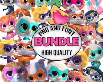 Può includere: Una collezione digitale di personaggi gatti supereroi dei cartoni animati con maschere e costumi colorati, con un badge ovale bianco centrale con il testo PNG AND BUNDLE HIGH QUALITY, circondato da varie figure feline e un'icona a forma di cuore rosa.
