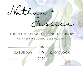 Blue Floral Wedding Invitation, RSVP, Details card