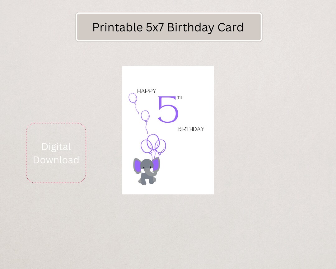 Happy 5th Birthday Printable Birthday Card Cute and Simple Instant ...