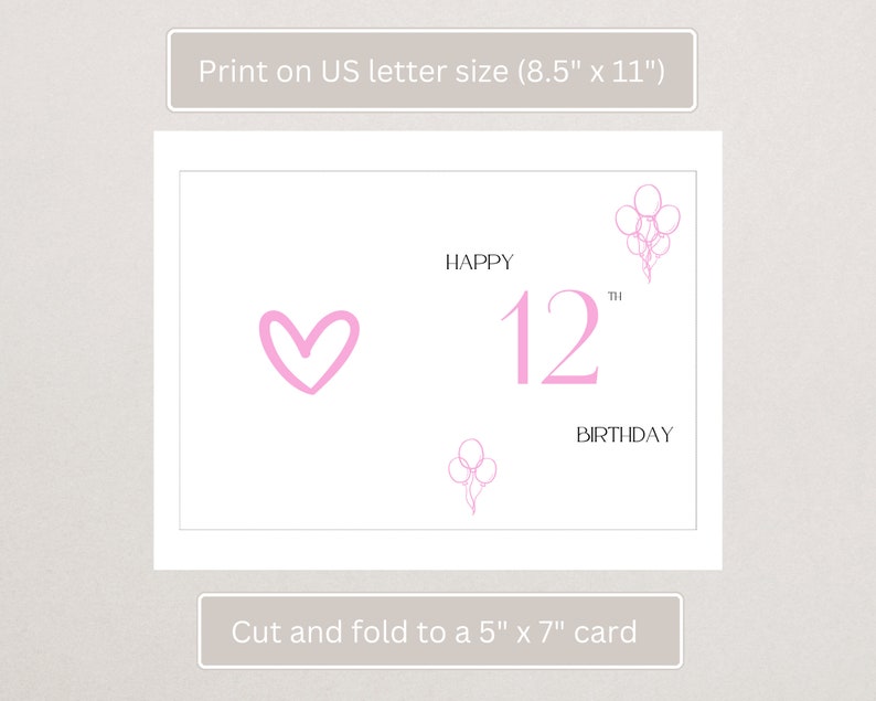 Happy 12th Birthday Printable Birthday Card Cute and Simple Instant ...