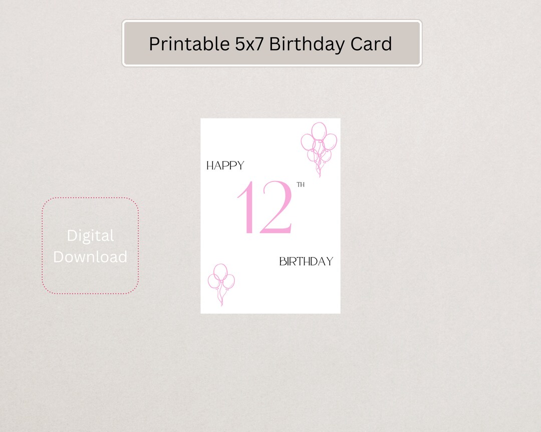 Happy 12th Birthday Printable Birthday Card Cute and Simple Instant ...